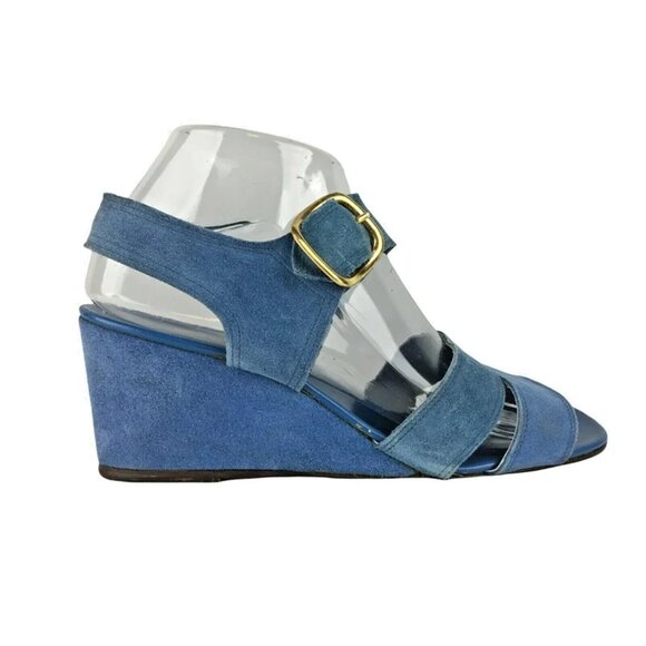 Sorenara Womens Dunhams Blue Suede Open Toe Wedge Heel Strappy Sandals 8.5 M - Picture 1 of 9